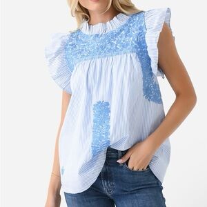 J. Marie flutter sleeve embroidered Blue Striped Women's Top